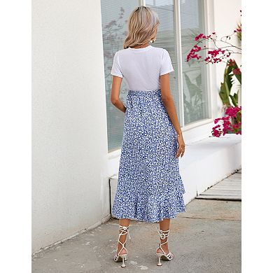 Women's Maternity Midi Skirt Flowy Ruffle Hem Elastic Waist