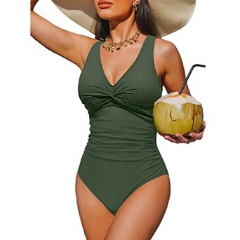 Women One Piece Swimsuit Sleeveless V Neck Twisted Swimwear