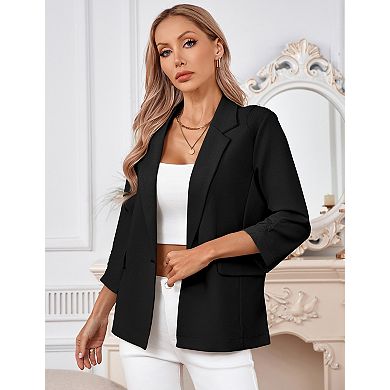 Women's Long Blazer Front Button Down 3/4 Sleeve Business Jacket