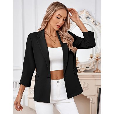 Women's Long Blazer Front Button Down 3/4 Sleeve Business Jacket