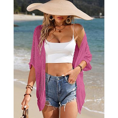 Women Crochet Cardigan Lightweight Thin Short Sleeves Casual Open Front Cardigan Cover
