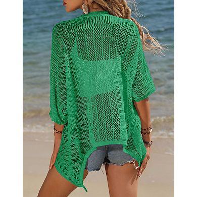 Women Crochet Cardigan Lightweight Thin Short Sleeves Casual Open Front Cardigan Cover