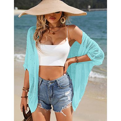 Women Crochet Cardigan Lightweight Thin Short Sleeves Casual Open Front Cardigan Cover