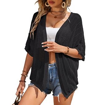 Women Crochet Cardigan Lightweight Thin Short Sleeves Casual Open Front Cardigan Cover