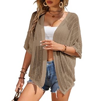 Women Crochet Cardigan Lightweight Thin Short Sleeves Casual Open Front Cardigan Cover