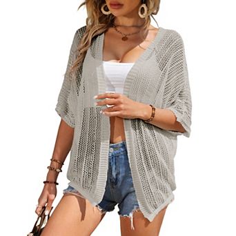 Women Crochet Cardigan Lightweight Thin Short Sleeves Casual Open Front Cardigan Cover