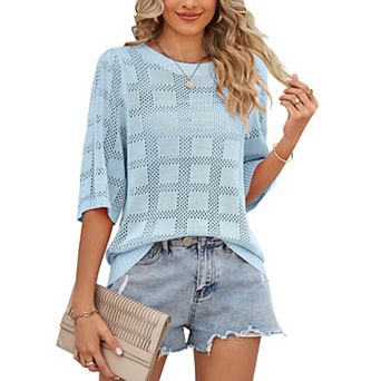 Women Short Sleeves Sweater Crochet Summer Lightweight Hollow Out Thin Knit Tops