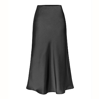Women's Satin High Waist Hidden Elasticized Waistband Flared Casual A Line Midi Skirt