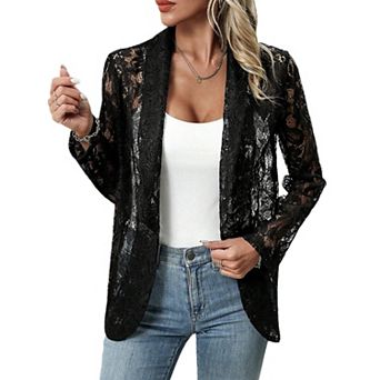 Womens Lace Sheer Summer Lightweight Blazers Open Front Long Sleeve Business Casual Collared Jacket
