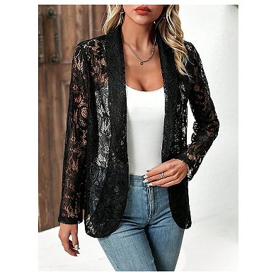Womens Lace Sheer Summer Lightweight Blazers Open Front Long Sleeve Business Casual Collared Jacket