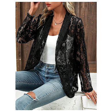Womens Lace Sheer Summer Lightweight Blazers Open Front Long Sleeve Business Casual Collared Jacket