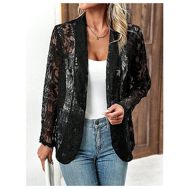 Womens Lace Sheer Summer Lightweight Blazers Open Front Long Sleeve Business Casual Collared Jacket