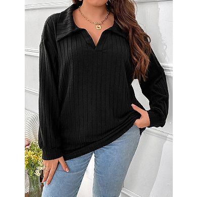 Plus Size Casual V Neck Collared Long Sleeve Tops for Women Ribbed Brushed Loose Pullover Shirts