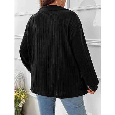 Plus Size Casual V Neck Collared Long Sleeve Tops for Women Ribbed Brushed Loose Pullover Shirts