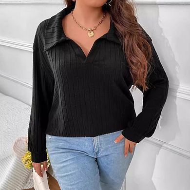 Plus Size Casual V Neck Collared Long Sleeve Tops for Women Ribbed Brushed Loose Pullover Shirts