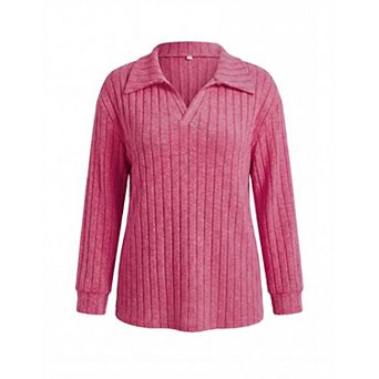 Plus Size Casual V Neck Collared Long Sleeve Tops for Women Ribbed Brushed Loose Pullover Shirts