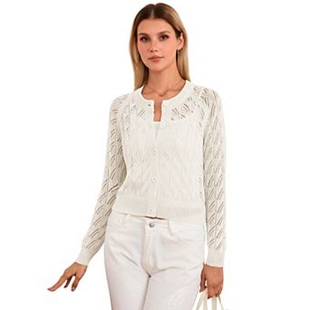 Women's Hollow Knit Cardigan Button Front Open Long Sleeve Casual Sweater