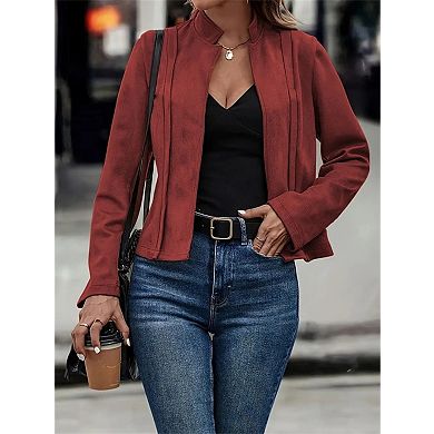 Women's Faux Suede Open Front Cardigan Jacket Long Sleeve Casual Vintage Outerwear