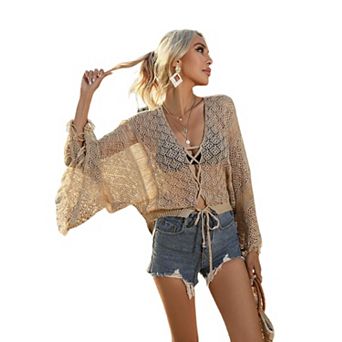 Womens V Neck Tie Front Long Bell Sleeve Crochet Knit Hollow Out Mesh Beach Vacation Cover Up Tops