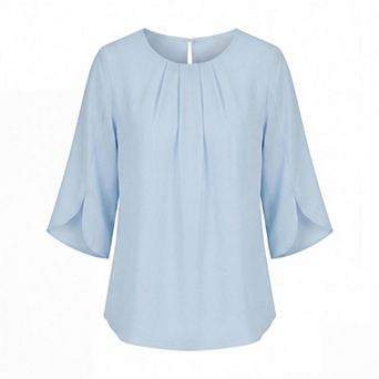 Women's Solid Color Crew Neck Chiffon Blouse - 3/4 Sleeve Loose Fit Office Tops