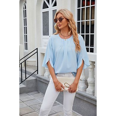 Women's Solid Color Crew Neck Chiffon Blouse - 3/4 Sleeve Loose Fit Office Tops