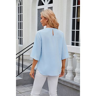 Women's Solid Color Crew Neck Chiffon Blouse - 3/4 Sleeve Loose Fit Office Tops