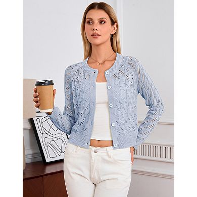 Women's Hollow Knit Cardigan Button Front Open Long Sleeve Casual Sweater