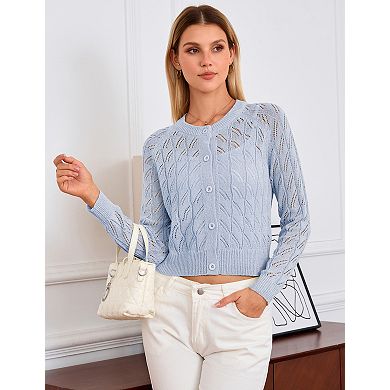 Women's Hollow Knit Cardigan Button Front Open Long Sleeve Casual Sweater