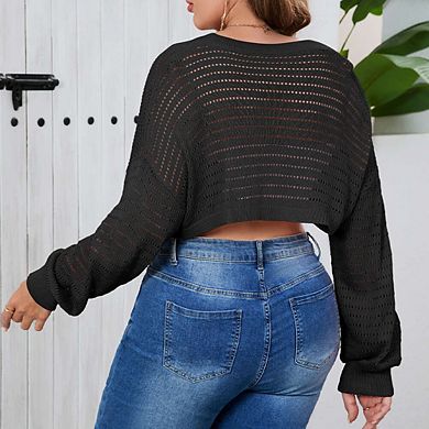 Plus Size Mesh Crop Cardigans for Women Long Sleeve Open Front See Through Sheer Bolero Shrug Top