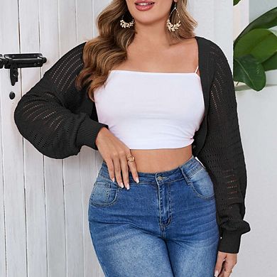 Plus Size Mesh Crop Cardigans for Women Long Sleeve Open Front See Through Sheer Bolero Shrug Top
