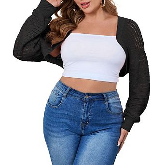 Plus Size Mesh Crop Cardigans for Women Long Sleeve Open Front See Through Sheer Bolero Shrug Top