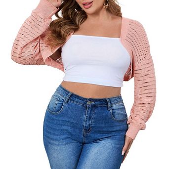 Plus Size Mesh Crop Cardigans for Women Long Sleeve Open Front See Through Sheer Bolero Shrug Top