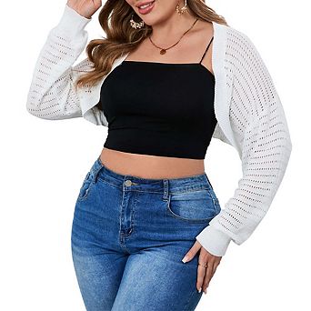 Plus Size Mesh Crop Cardigans for Women Long Sleeve Open Front See Through Sheer Bolero Shrug Top
