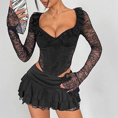Early Autumn New Style Pure Desire Style Elegant Slim Fit Version Elastic Flower Lace Fishbone Top
