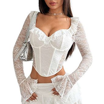 Early Autumn New Style Pure Desire Style Elegant Slim Fit Version Elastic Flower Lace Fishbone Top