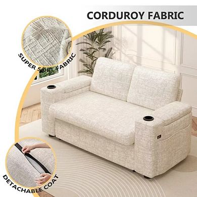 Maxspeed 65.5" 4-in-1 Chenille Sleeper Sofa Bed Couch with Adjustable Backrests, USB, Cup Holders