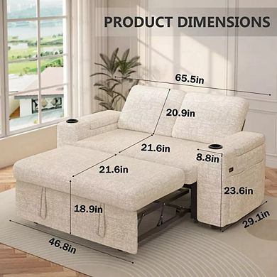 Maxspeed 65.5" 4-in-1 Chenille Sleeper Sofa Bed Couch with Adjustable Backrests, USB, Cup Holders