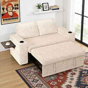 Maxspeed 65.5" 4-in-1 Chenille Sleeper Sofa Bed Couch with Adjustable Backrests, USB, Cup Holders