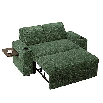Maxspeed 65.5" 4-in-1 Chenille Sleeper Sofa Bed Couch with Adjustable Backrests, USB, Cup Holders