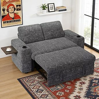 Maxspeed 65.5" 4-in-1 Chenille Sleeper Sofa Bed Couch with Adjustable Backrests, USB, Cup Holders