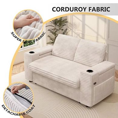 Maxspeed 65.5" 4-in-1 Corduroy Sleeper Sofa Bed Couch with Adjustable Backrests, USB, Cup Holders