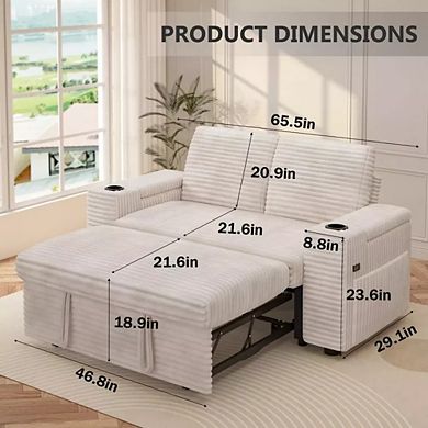 Maxspeed 65.5" 4-in-1 Corduroy Sleeper Sofa Bed Couch with Adjustable Backrests, USB, Cup Holders