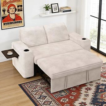 Maxspeed 65.5" 4-in-1 Corduroy Sleeper Sofa Bed Couch with Adjustable Backrests, USB, Cup Holders