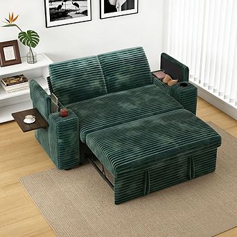 Maxspeed 65.5" 4-in-1 Corduroy Sleeper Sofa Bed Couch with Adjustable Backrests, USB, Cup Holders