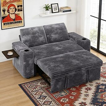 Maxspeed 65.5" 4-in-1 Corduroy Sleeper Sofa Bed Couch with Adjustable Backrests, USB, Cup Holders