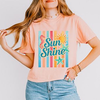 Sunshine Seahorse Stripes - Women's Boxy Crop Top Graphic T-Shirt