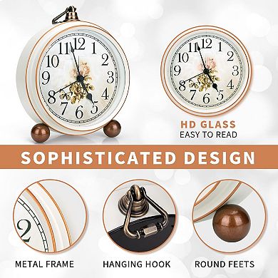 Vintage Elegant Analog Desk Clock: Silent, Distressed Metal Frame, Ideal for Office, Living Room