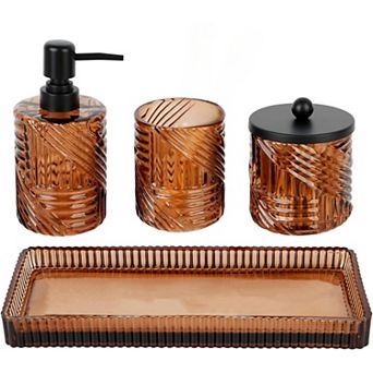 Bathroom Set,4 pc Amber Glass Bathroom Accessories Sets Complete with Lotion Soap Dispenser