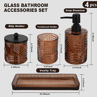 Bathroom Set,4 Pcs Amber Glass Bathroom Accessories Sets Complete with Lotion Soap Dispenser