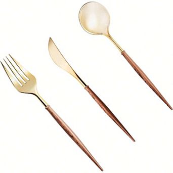 100 Food-Grade Gold Plastic Cutlery Set with Wood Grain Handles for Parties and Daily Use